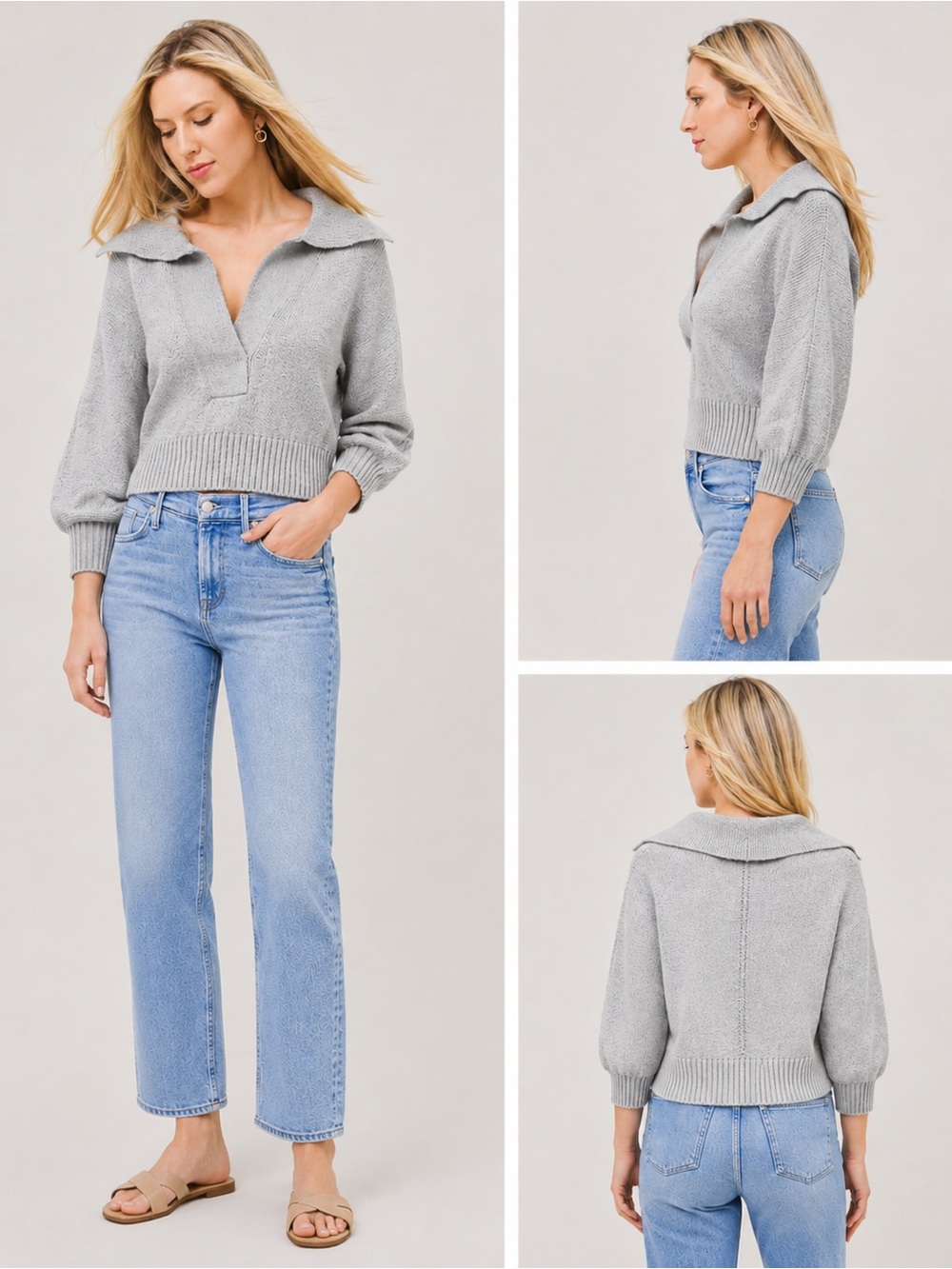 Brochu Walker The Marlowe Henley Cropped Sweater Soft Heather Gray size M Wool
